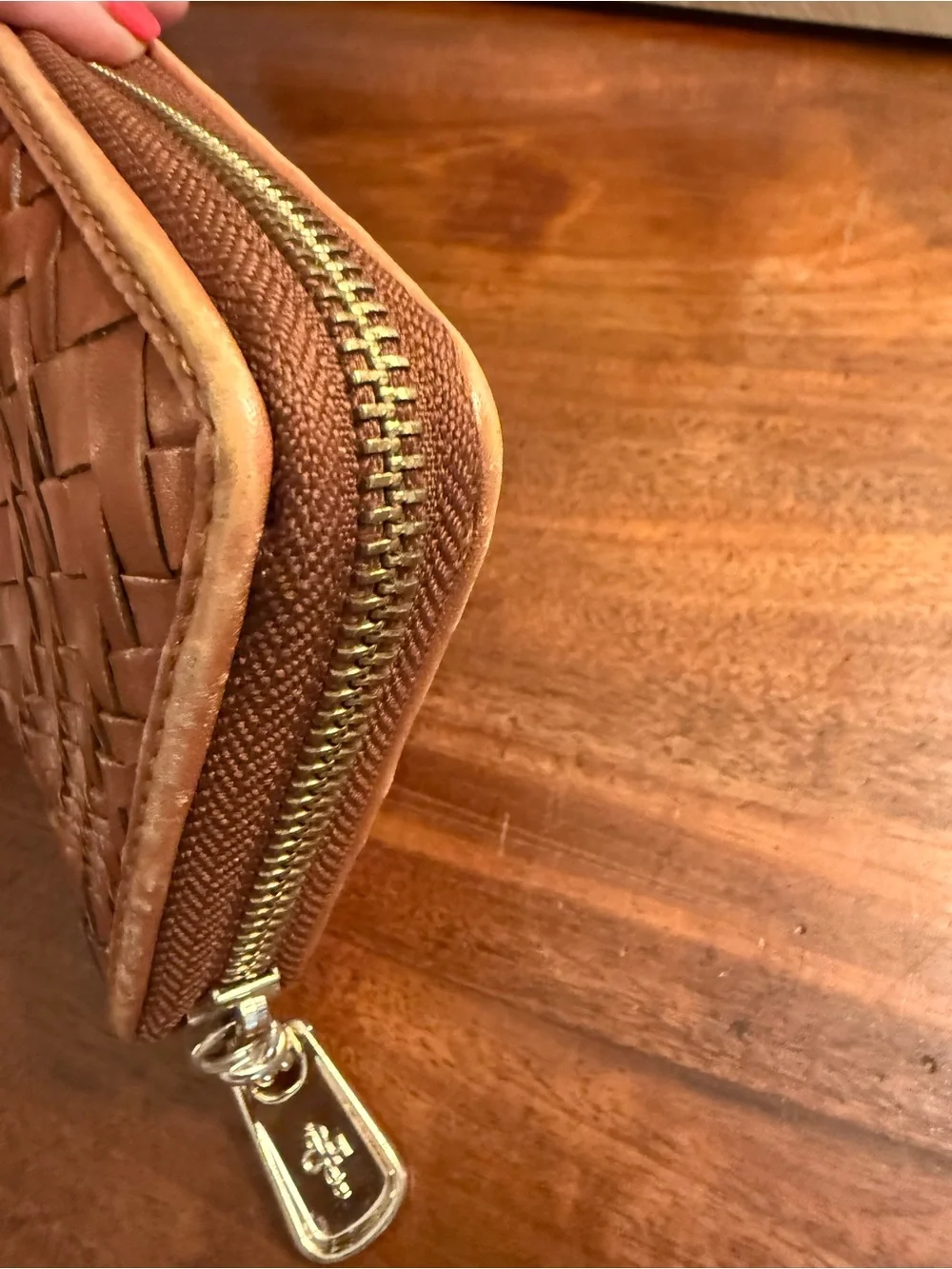 Cole Haan British Tan Hand Woven Genevieve Leather Zip Continental Wallet